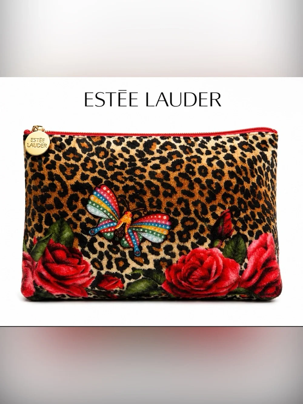 Estée Lauder Leopard Cosmetic Pouch with Red Roses & Multicolor Butterfly NWOT
